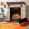 A close-up marketing image of an electric fireplace with a stone surround, showing a realistic flame effect and text describing its features. Produktbild-Vorschau