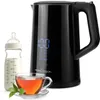 A black electric kettle with a digital display showing '100' degrees, a baby bottle filled with milk, and a glass cup of tea with a leaf. Náhled obrázku produktu