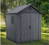 A grey garden shed is shown outdoors in a grassy area with trees in the background. Náhled obrázku produktu