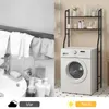 A split image showing a bathroom sink area on the left and a washing machine with an over-the-washer shelf unit on the right. Produktbild-Vorschau