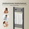 A collage of lifestyle images showing people using towels, next to a product image of a towel warmer. Voir les images du produit