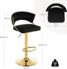 A black bar stool with gold accents, shown with dimensions and a weight capacity icon. Produktbild-Vorschau