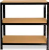 A three-tier shelving unit with black metal frame and brown shelves, presented against a white background. Produktbild-Vorschau