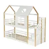 A white and natural wood bunk bed with a house-shaped top and stairs with storage drawers. Podgląd zdjęcia produktu