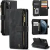 Collage of images showing an iPhone 11 Pro Max wallet case from different angles, including open and closed views, and a close-up of the zipper and card slots. Produktbild-Vorschau