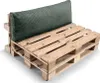 A green cushion on a wooden pallet sofa. Voir les images du produit