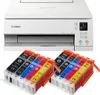 A white Canon Pixma printer is shown above a set of colorful ink cartridges. Produktbild-Vorschau