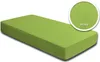 A green fitted sheet on a mattress, with a close-up inset showing the fabric texture and the word "Jersey". Produktbild-Vorschau