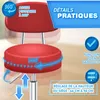 A red rolling stool with various features highlighted by text and icons. Náhľad obrázku produktu