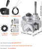 A collage of product components and the main gearbox assembly, with dimensions and labels. Voir les images du produit