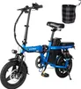 A blue folding electric bicycle with a black basket attached to the handlebars, shown against a white background. Produktbild-Vorschau