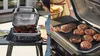 A split image showing a woman using an electric grill indoors and outdoors. Voir les images du produit