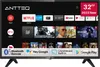 A smart TV screen displaying various apps and content, with branding and feature callouts. Produktbild-Vorschau