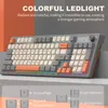 A marketing image showcasing a colorful LED mechanical keyboard with text explaining its features and controls. Produktbild-Vorschau