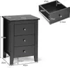 A black bedside table with three drawers is shown with dimensions indicated by text and lines. A separate image shows an open drawer with dimensions. Podgląd zdjęcia produktu