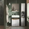 A modern bathroom with green tiled walls, featuring a vanity set with a sink and cabinet, a tall storage cabinet, and a shower area. Náhled obrázku produktu