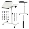 A collage showing a white height-adjustable rolling laptop desk and its components, including screws and a screwdriver. Produktbild-Vorschau