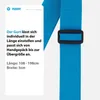 A close-up of a blue luggage strap with a black buckle, next to a white panel with product information. Produktbild-Vorschau