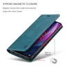 A teal flip case for a smartphone is shown open, with arrows indicating magnetic closure. Produktbild-Vorschau