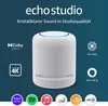 A marketing image for the Amazon Echo Studio smart speaker, showcasing its features and compatibility with various audio services. Voir les images du produit