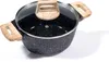 A black speckled pot with a glass lid and wooden handles, isolated on a white background. Produktbild-Vorschau