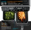 A close-up view of a dual-chamber air fryer with food in both baskets, showcasing its features. Produktbild-Vorschau