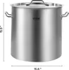 A large stainless steel pot with a lid and handles, shown from the front with dimensions indicated. Produktbild-Vorschau