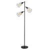A black industrial-style floor lamp with three cage-shaped lampshades. Produktbild-Vorschau