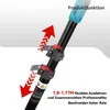 Close-up of a telescopic pole with adjustable clamps and arrows indicating extension and retraction, along with text describing product features. Produktbild-Vorschau