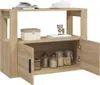 A wooden sideboard with two doors open, revealing jars inside. Podgląd zdjęcia produktu