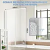 A shower enclosure is shown with dimensions and a close-up detail of the glass texture and frame. Anteprima dell’immagine prodotto