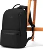 A black backpack is leaning against a wooden stool. Voir les images du produit