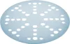 A round, gray sanding disc with numerous circular perforations arranged in a radial pattern. Náhled obrázku produktu
