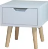 A white nightstand with a single drawer and wooden legs, shown from a front-diagonal angle. Produktbild-Vorschau