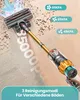 A cordless vacuum cleaner is shown on a carpet and wooden floor, with debris being vacuumed up. Feature callouts for suction power and cleaning modes are present. Produktbild-Vorschau