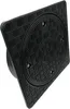 A black plastic square drain cover with a circular inset and a pipe attachment on the side, shown at an angle against a white background. Náhľad obrázku produktu