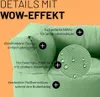 A close-up view of a light green beanbag chair, highlighting its features with text overlays and icons. Náhled obrázku produktu