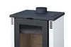 A close-up view of the top section of a white and black wood-burning stove. Produktbild-Vorschau