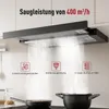 A kitchen range hood is shown above a stovetop with pots and pans, with steam rising from the cooking area. Produktbild-Vorschau