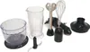 A set of accessories for a hand blender, including a whisk, chopper attachment, and beaker, laid out on a white background. Podgląd zdjęcia produktu