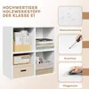 A white cube shelf unit with books and decorative items, accompanied by product feature highlights on the right. Náhľad obrázku produktu