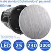 A close-up view of a round, brushed aluminum LED light fixture with its base and lid separated, set against a dark background. Text overlays provide product specifications. Produktbild-Vorschau