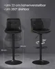 Two bar stools are shown against a dark gray background. The stool on the left is shown in a lower position, while the stool on the right is shown in a higher position and is rotated to demonstrate its 360-degree swivel feature. Dimensions are indicated wi Produktbild-Vorschau