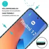 A close-up of a smartphone screen displaying the 'Redmi 12' logo and text, with marketing graphics indicating case compatibility. Produktbild-Vorschau