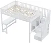 A white loft bed with a desk and stairs, shown from a diagonal angle. Produktbild-Vorschau
