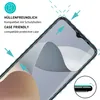 A close-up illustration of a smartphone screen protector being applied, with arrows indicating its case-friendly nature. Produktbild-Vorschau