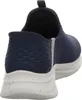 A rear view of a blue slip-on sneaker with a speckled white sole. Produktbild-Vorschau
