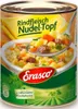A can of Erasco Rindfleisch Nudel-Topf soup is shown with a spoonful of soup being lifted out. Produktbild-Vorschau