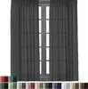 A pair of dark gray sheer curtains hanging in front of a window with a wooden frame. Produktbild-Vorschau