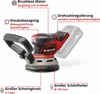 A cordless orbital sander with various features highlighted by text labels. Produktbild-Vorschau